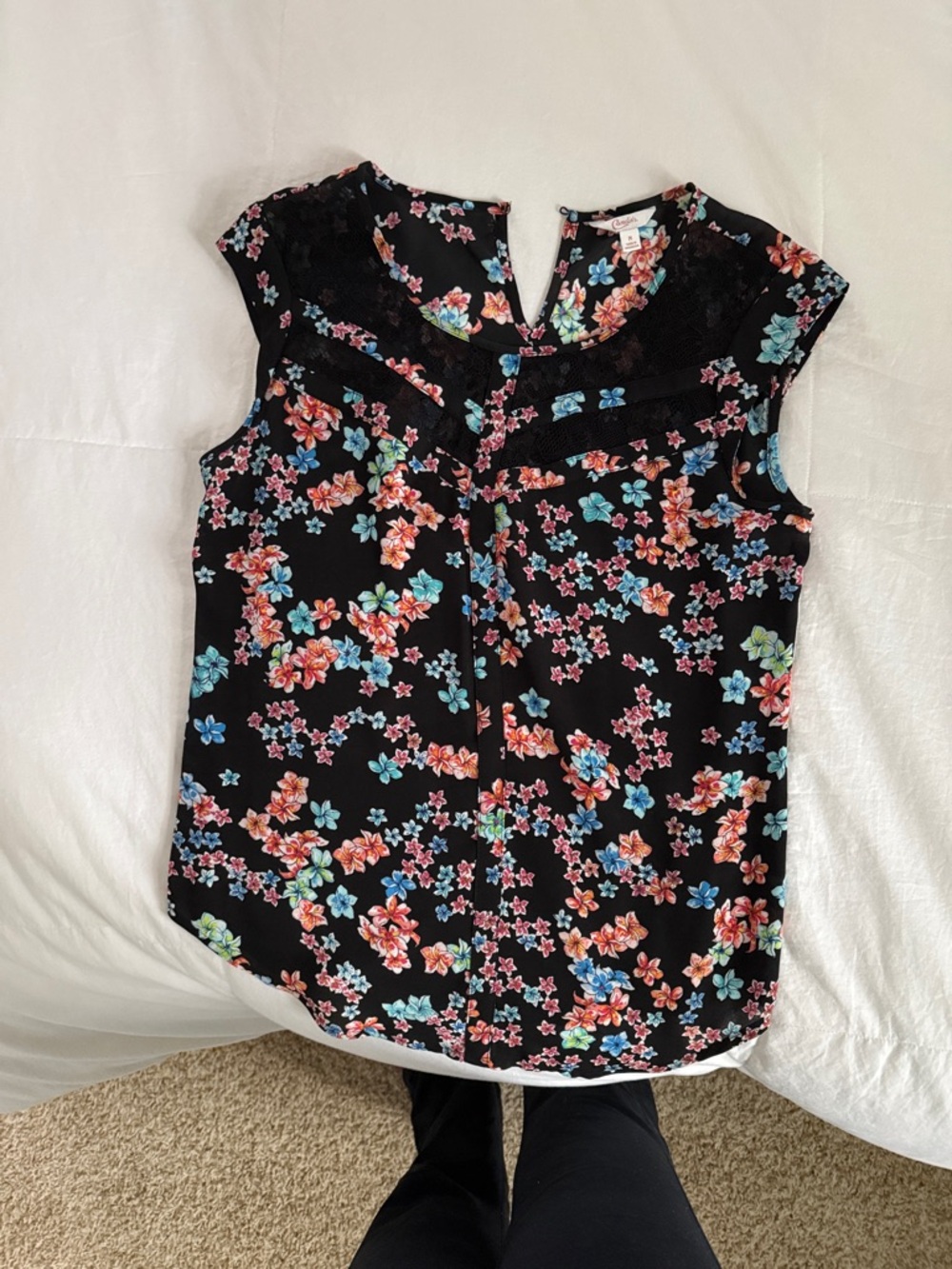 Candie's Black Floral Lace Yoke Cap Sleeve Top